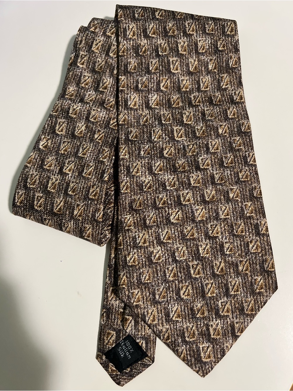 Vintage Villa Bugatti 100% Italian Silk necktie, Brown geometric monogram design